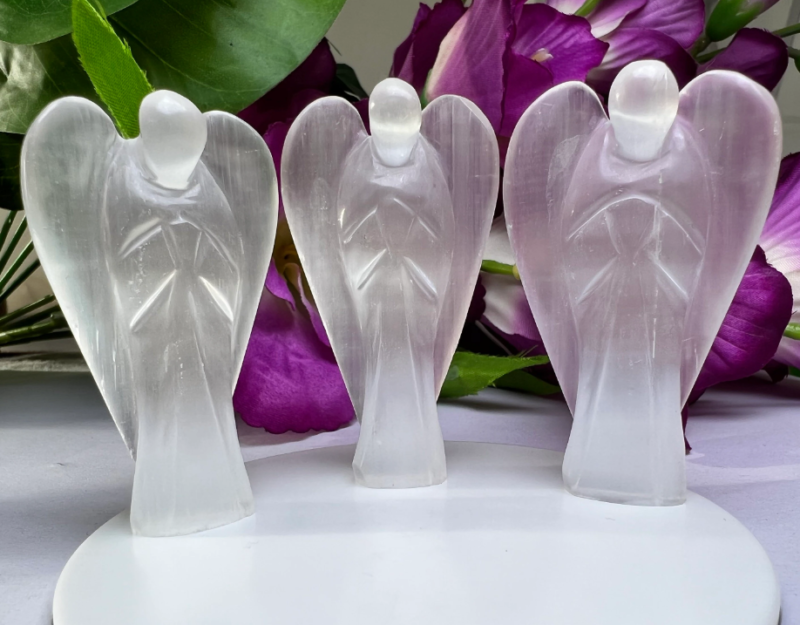 Selenite Stone 2 inch free standing guardian angel crystal Reiki energy blessed hand carved Pocket Angel for angelic connection