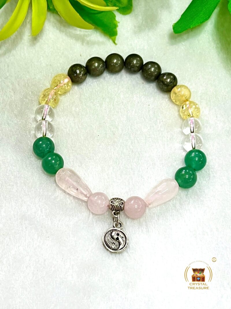 Feng Shui Stone Bracelet Pyrite ,Green Aventurine , Citrine , Clear Quartz , Rose Quartz Stone Bracelet 8 mm with Yin Yang Charm
