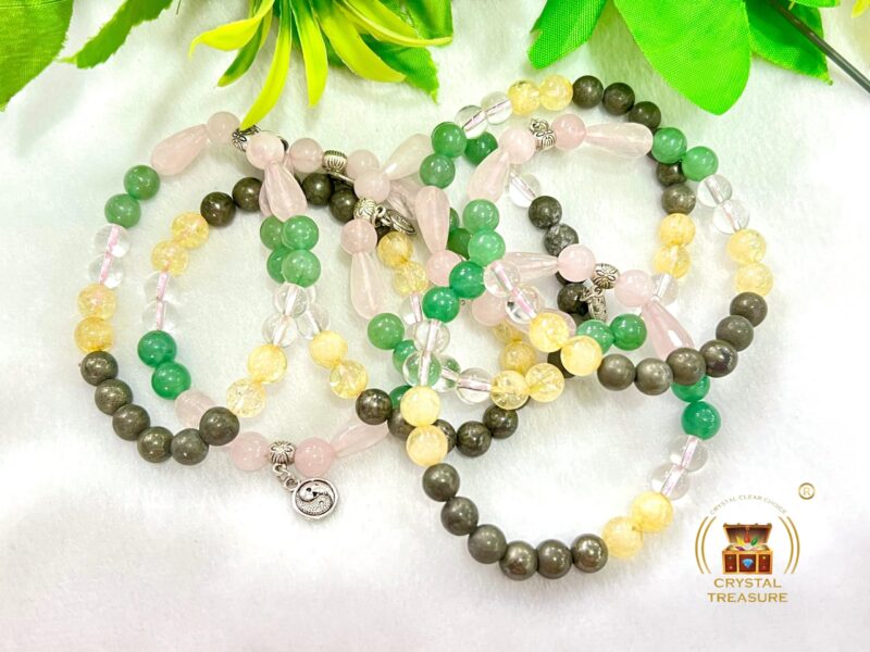 Feng Shui Stone Bracelet Pyrite ,Green Aventurine , Citrine , Clear Quartz , Rose Quartz Stone Bracelet 8 mm with Yin Yang Charm - Image 2