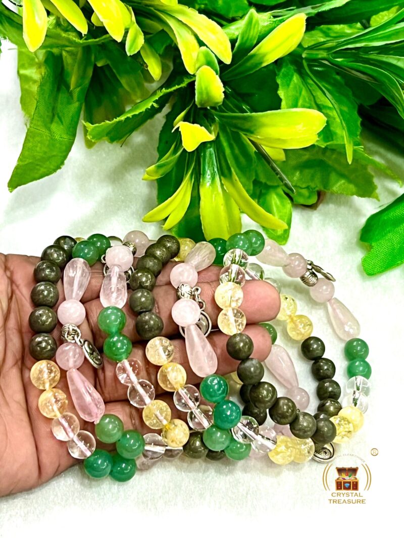 Feng Shui Stone Bracelet Pyrite ,Green Aventurine , Citrine , Clear Quartz , Rose Quartz Stone Bracelet 8 mm with Yin Yang Charm - Image 3