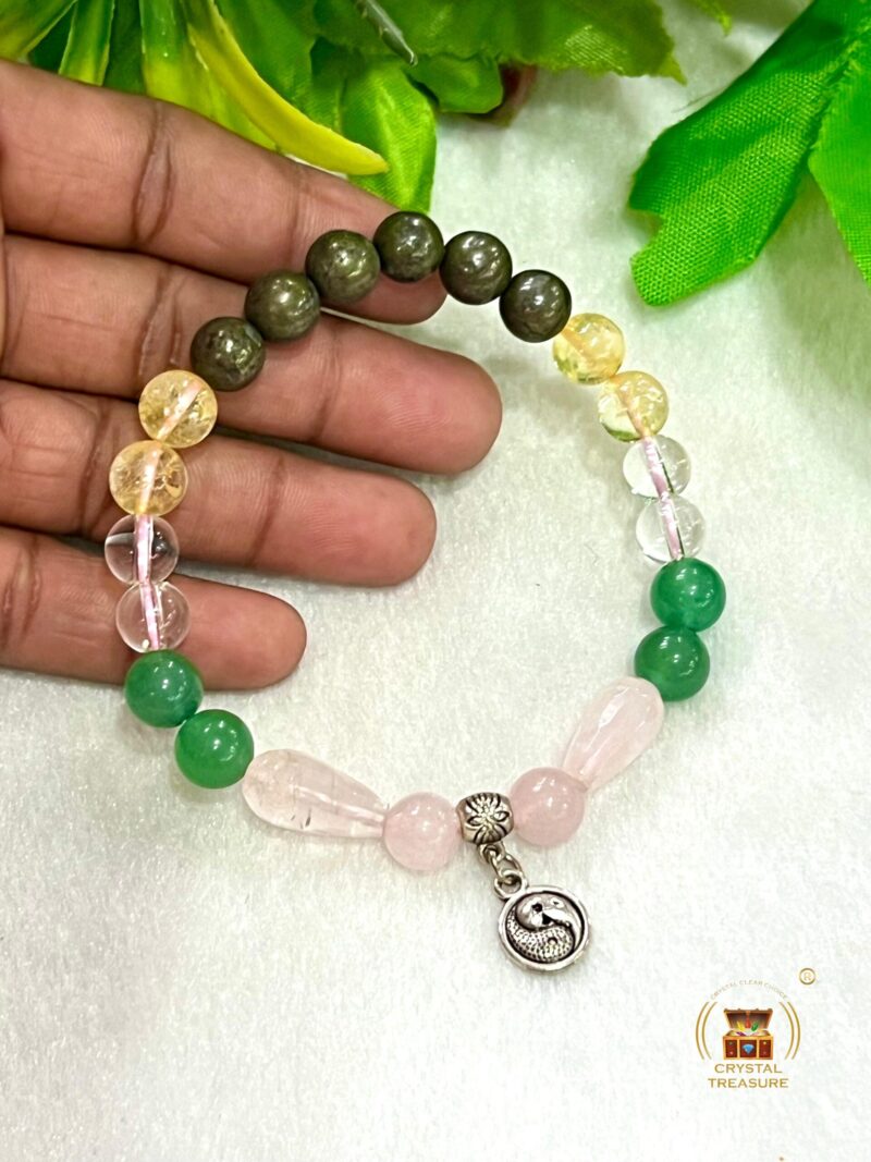 Feng Shui Stone Bracelet Pyrite ,Green Aventurine , Citrine , Clear Quartz , Rose Quartz Stone Bracelet 8 mm with Yin Yang Charm - Image 4