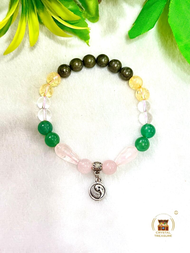 Feng Shui Stone Bracelet Pyrite ,Green Aventurine , Citrine , Clear Quartz , Rose Quartz Stone Bracelet 8 mm with Yin Yang Charm - Image 5