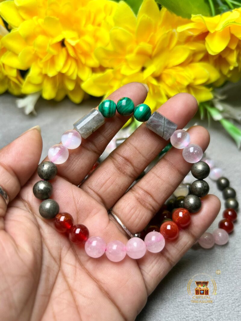 Tarot Card Reader Stone Bracelet Rose Quartz ,Carnelian , Selenite , Malachite , Labradorite ,Pyrite Stone Bracelet 8 mm - Image 6