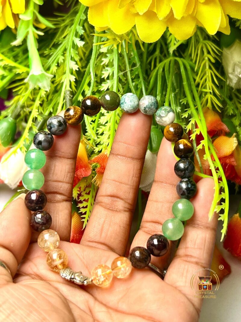 Good Luck Stone Moss Agate , Tiger's Eye , Green Aventurine , Citrine , Garnet , Merlinite Stone Bracelet 8 mm with Elephant Charm - Image 2