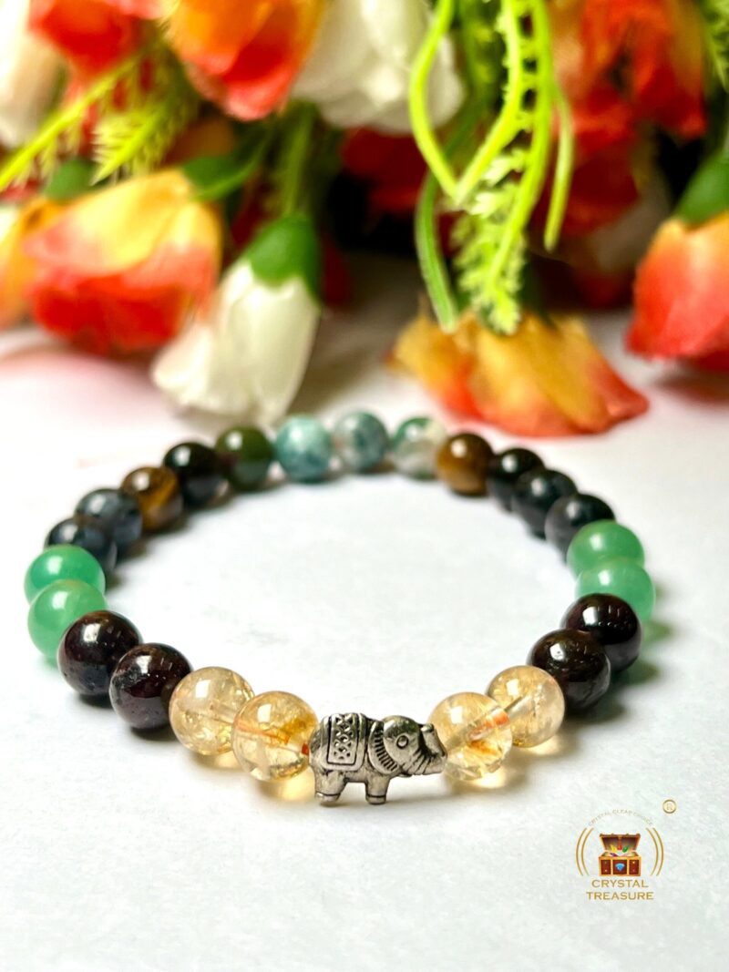 Good Luck Stone Moss Agate , Tiger's Eye , Green Aventurine , Citrine , Garnet , Merlinite Stone Bracelet 8 mm with Elephant Charm