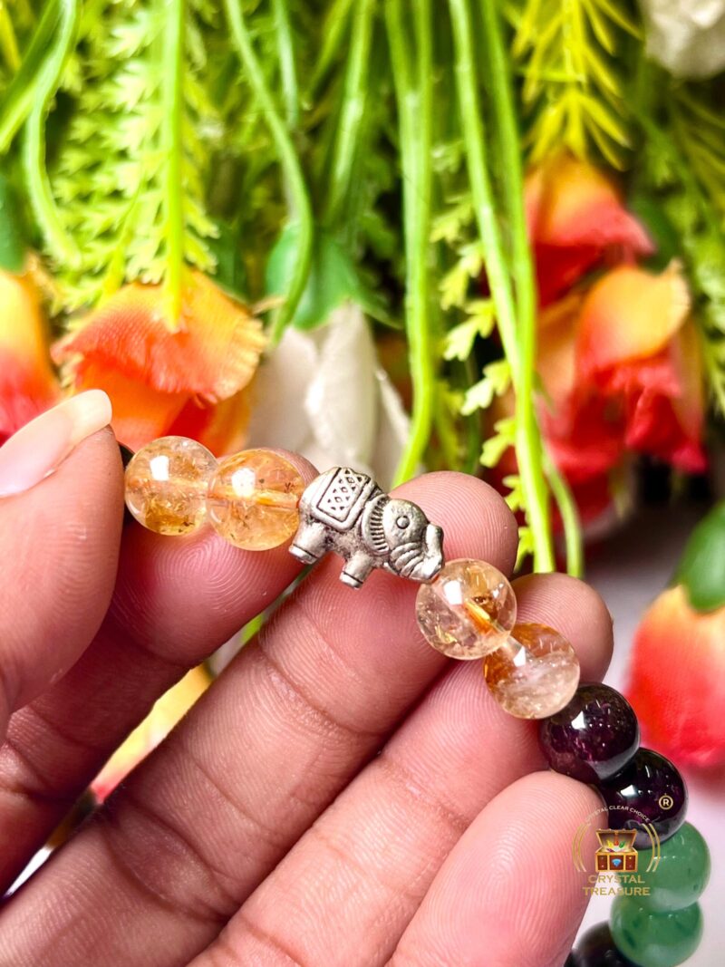 Good Luck Stone Moss Agate , Tiger's Eye , Green Aventurine , Citrine , Garnet , Merlinite Stone Bracelet 8 mm with Elephant Charm - Image 3