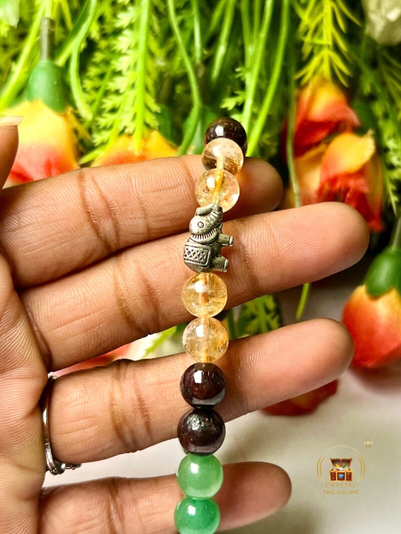Good Luck Stone Moss Agate , Tiger's Eye , Green Aventurine , Citrine , Garnet , Merlinite Stone Bracelet 8 mm with Elephant Charm - Image 4