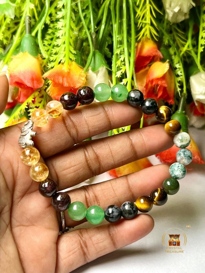 Good Luck Stone Moss Agate , Tiger's Eye , Green Aventurine , Citrine , Garnet , Merlinite Stone Bracelet 8 mm with Elephant Charm - Image 5