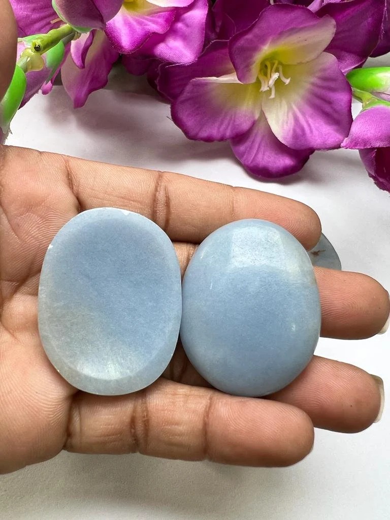 Angelite Stone Oval Shape Worry Stone for Crystal Healing And Meditation - Pocket Palm Stone - Thumb Stone One (1) Piece