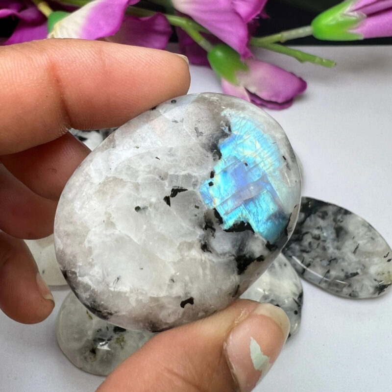 White Rainbow Moonstone Oval Shape Worry Stone for Crystal Healing And Meditation - Pocket Palm Stone - Thumb Stone One (1) Piece