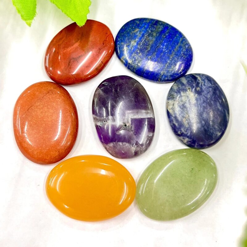 7 Seven Chakra Worry Stones Set Red jasper, Red aventurine, Yellow aventurine, Green Aventurine, Sodalite , Lapis lazuli and Amethyst.