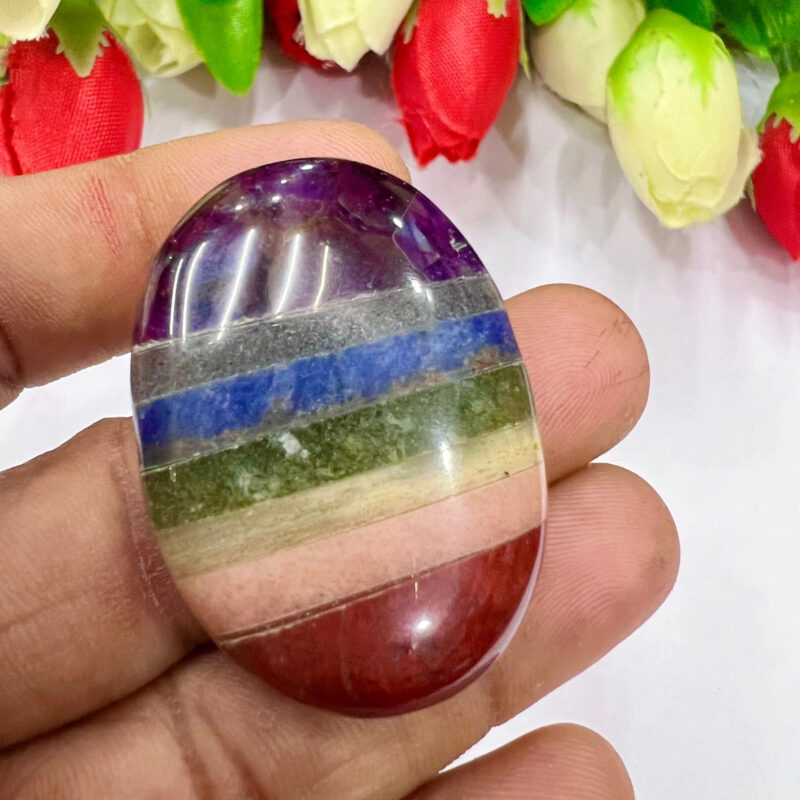 Seven Chakra Bonded Oval Shape Worry Stone for Crystal Healing And Meditation - Pocket Palm Stone - Thumb Stone One (1) Piece