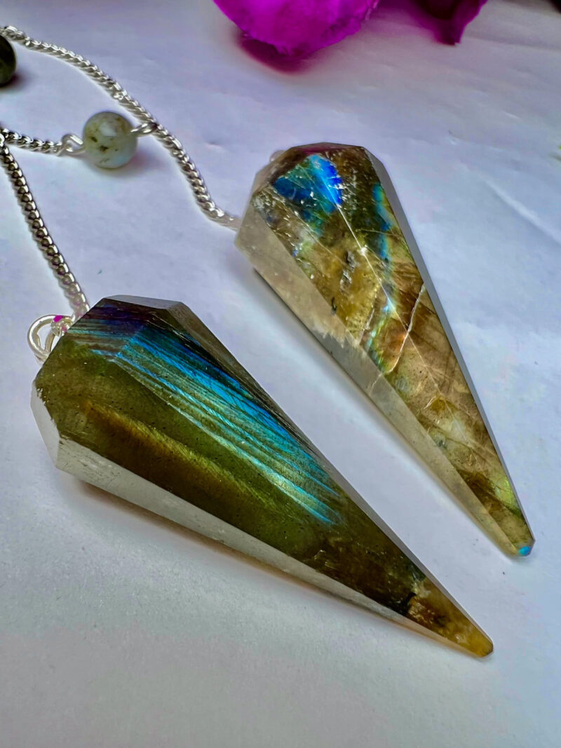 Rainbow Labradorite Stone Faceted Cone Pendulum Gemstone Dowsing Pendulum Chain Attached Reiki Crystal Healing