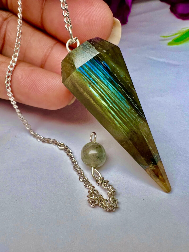 Rainbow Labradorite Stone Faceted Cone Pendulum Gemstone Dowsing Pendulum Chain Attached Reiki Crystal Healing - Image 3