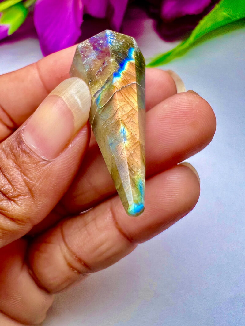 Rainbow Labradorite Stone Faceted Cone Pendulum Gemstone Dowsing Pendulum Chain Attached Reiki Crystal Healing - Image 4