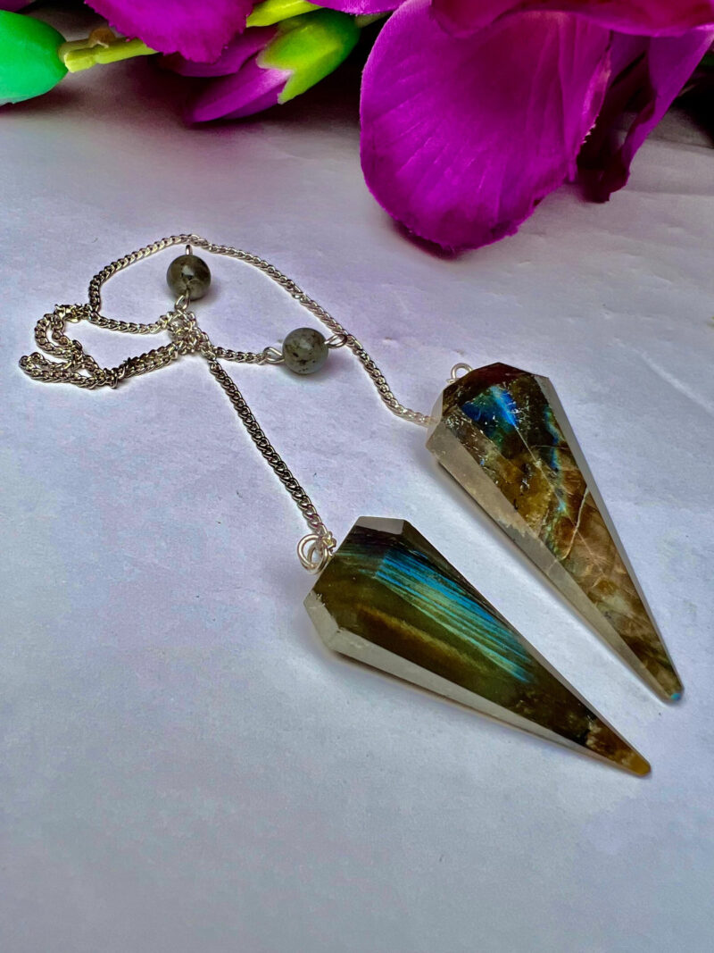 Rainbow Labradorite Stone Faceted Cone Pendulum Gemstone Dowsing Pendulum Chain Attached Reiki Crystal Healing - Image 6