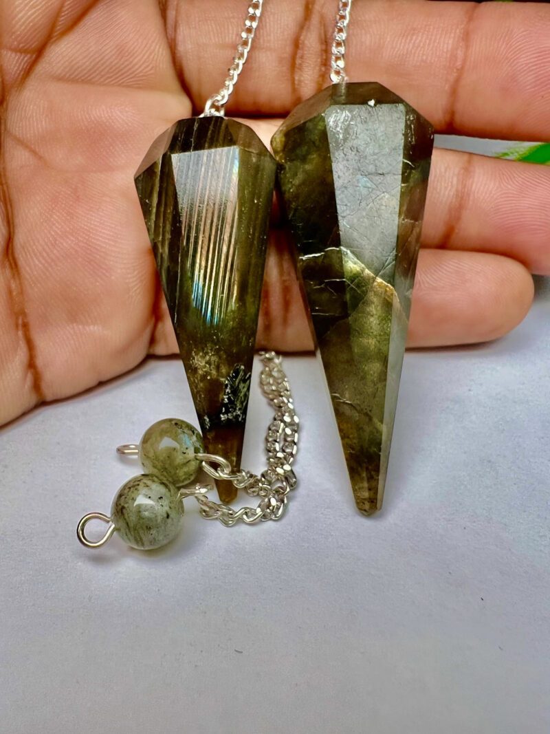 Rainbow Labradorite Stone Faceted Cone Pendulum Gemstone Dowsing Pendulum Chain Attached Reiki Crystal Healing - Image 7