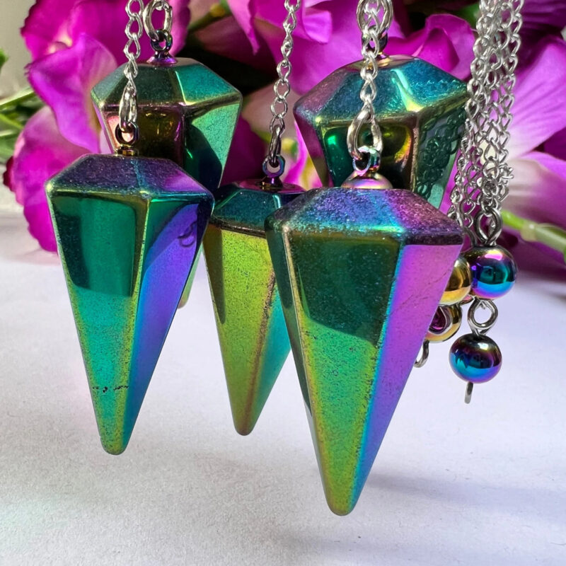 Rainbow Titanium Quartz Faceted Cone Pendulum Gemstone Dowsing Pendulum Chain Attached Reiki Crystal Healing - Image 2