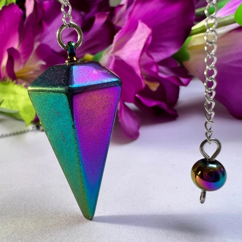 Rainbow Titanium Quartz Faceted Cone Pendulum Gemstone Dowsing Pendulum Chain Attached Reiki Crystal Healing