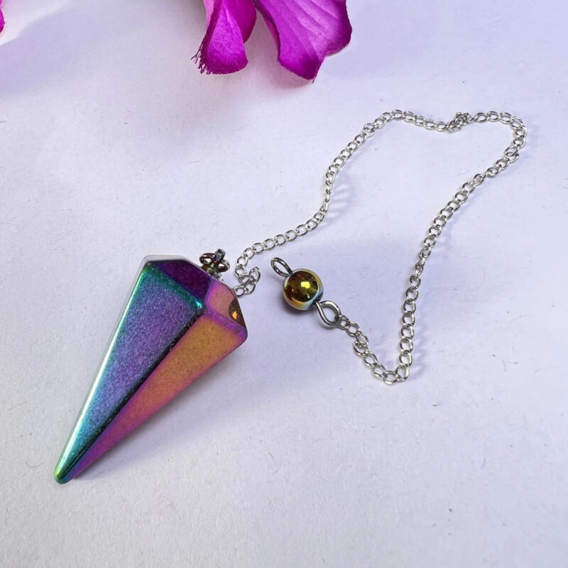 Rainbow Titanium Quartz Faceted Cone Pendulum Gemstone Dowsing Pendulum Chain Attached Reiki Crystal Healing - Image 4