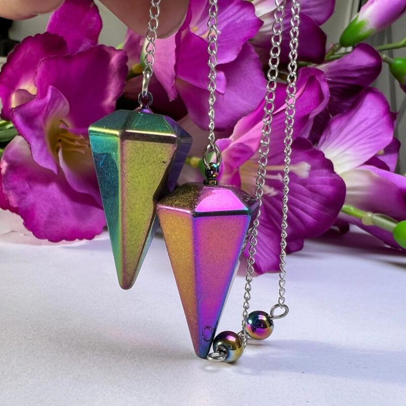 Rainbow Titanium Quartz Faceted Cone Pendulum Gemstone Dowsing Pendulum Chain Attached Reiki Crystal Healing - Image 5