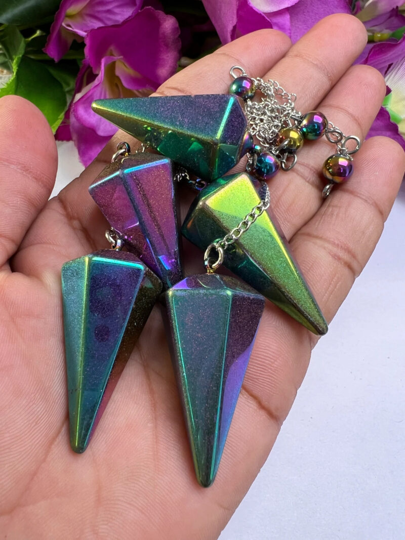 Rainbow Titanium Quartz Faceted Cone Pendulum Gemstone Dowsing Pendulum Chain Attached Reiki Crystal Healing - Image 6