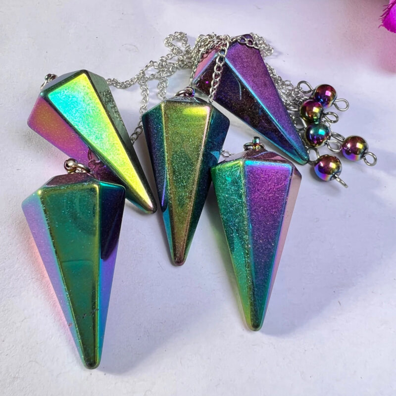 Rainbow Titanium Quartz Faceted Cone Pendulum Gemstone Dowsing Pendulum Chain Attached Reiki Crystal Healing - Image 7