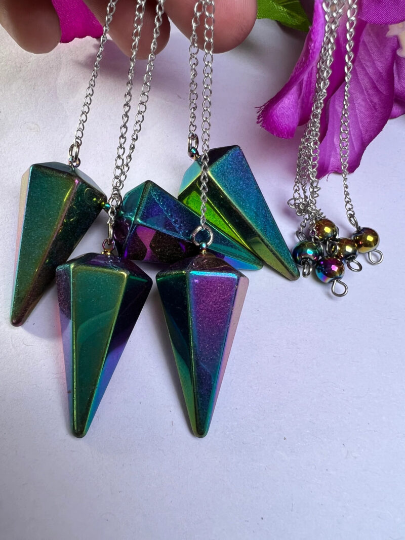 Rainbow Titanium Quartz Faceted Cone Pendulum Gemstone Dowsing Pendulum Chain Attached Reiki Crystal Healing - Image 8