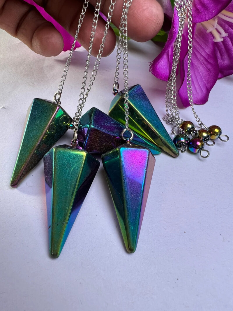 Rainbow Titanium Quartz Faceted Cone Pendulum Gemstone Dowsing Pendulum Chain Attached Reiki Crystal Healing - Image 10