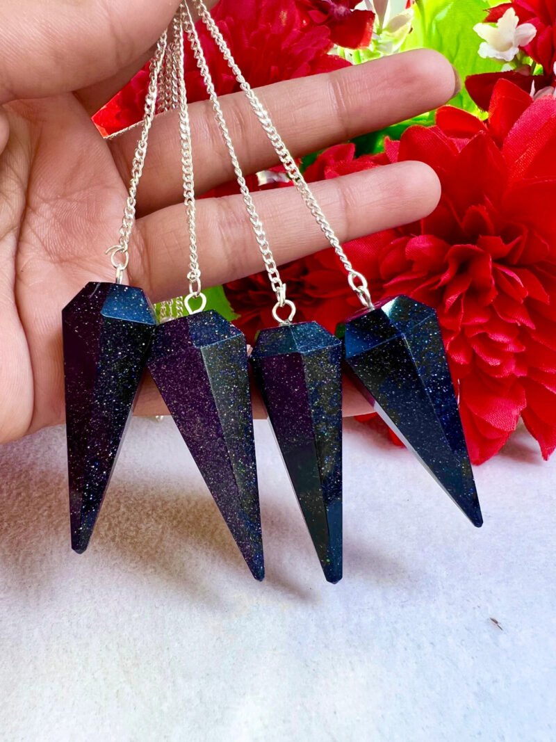 Blue Goldstone Faceted Cone Pendulum Gemstone Dowsing Pendulum Chain Attached Reiki Crystal Healing - Image 2