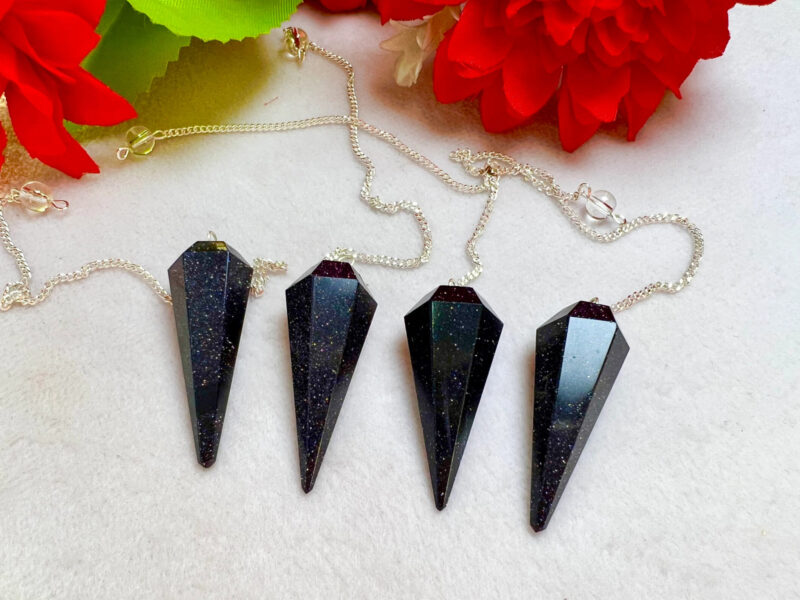 Blue Goldstone Faceted Cone Pendulum Gemstone Dowsing Pendulum Chain Attached Reiki Crystal Healing - Image 3