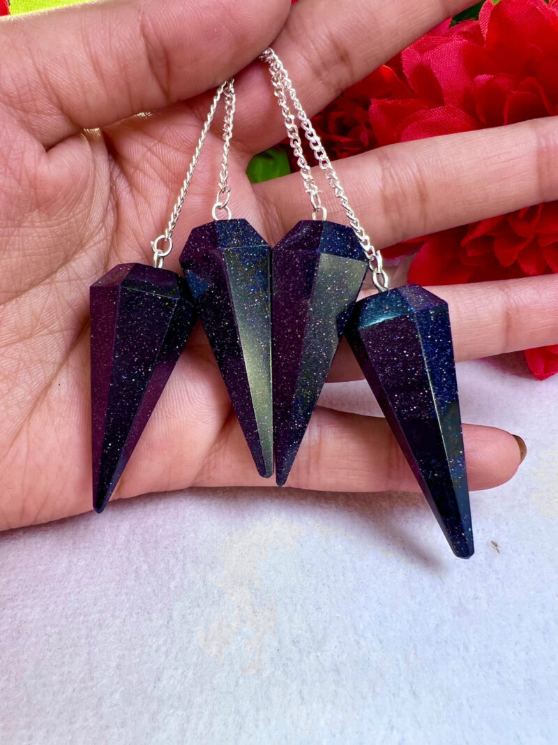 Blue Goldstone Faceted Cone Pendulum Gemstone Dowsing Pendulum Chain Attached Reiki Crystal Healing - Image 4