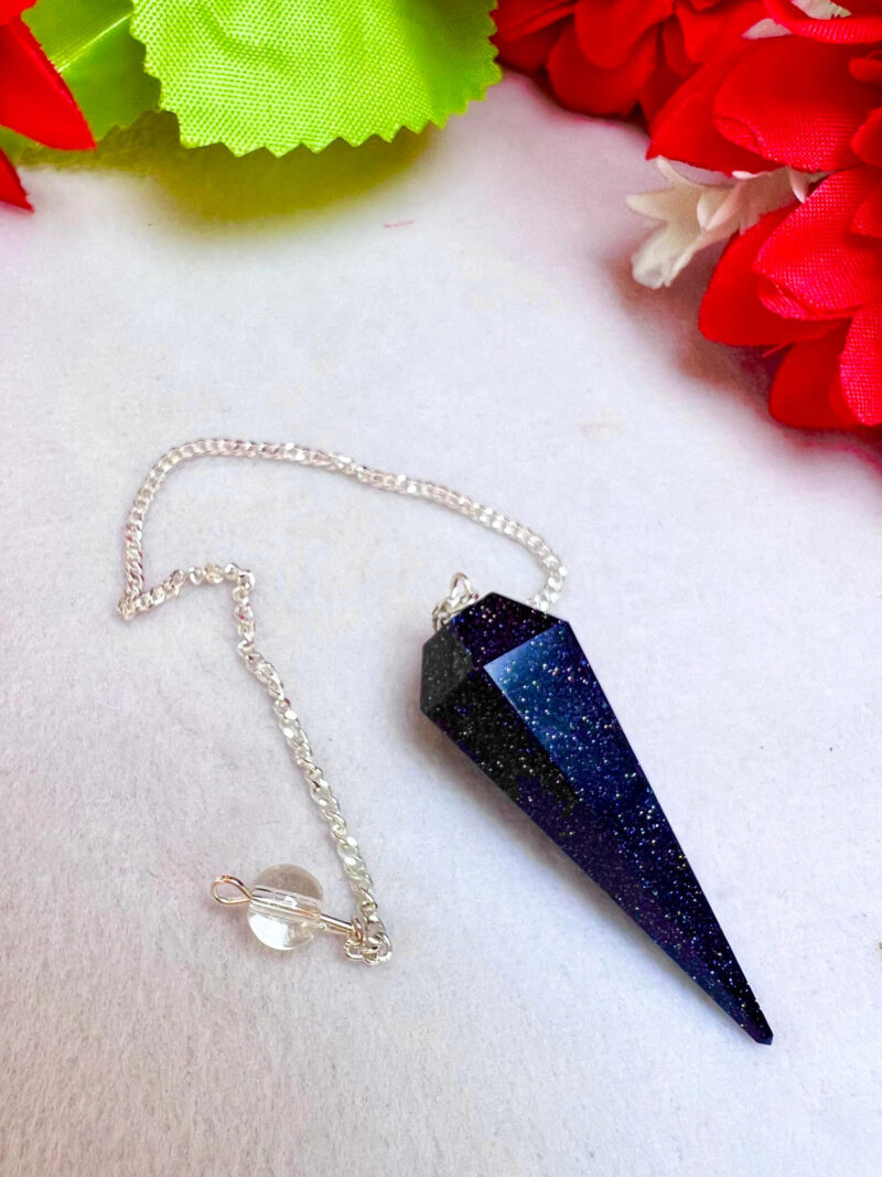 Blue Goldstone Faceted Cone Pendulum Gemstone Dowsing Pendulum Chain Attached Reiki Crystal Healing - Image 5