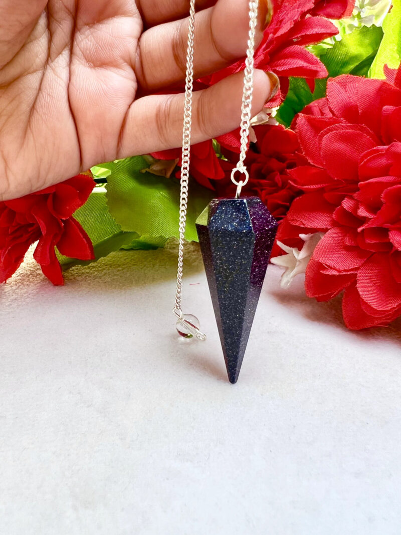 Blue Goldstone Faceted Cone Pendulum Gemstone Dowsing Pendulum Chain Attached Reiki Crystal Healing - Image 6