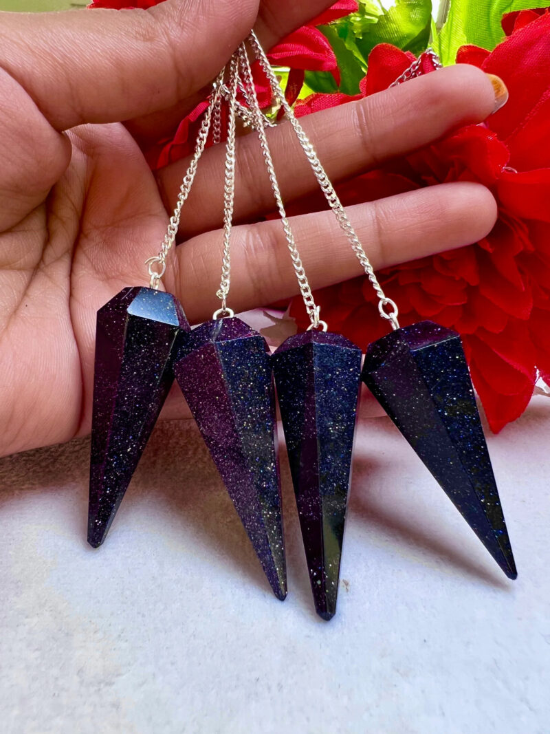 Blue Goldstone Faceted Cone Pendulum Gemstone Dowsing Pendulum Chain Attached Reiki Crystal Healing