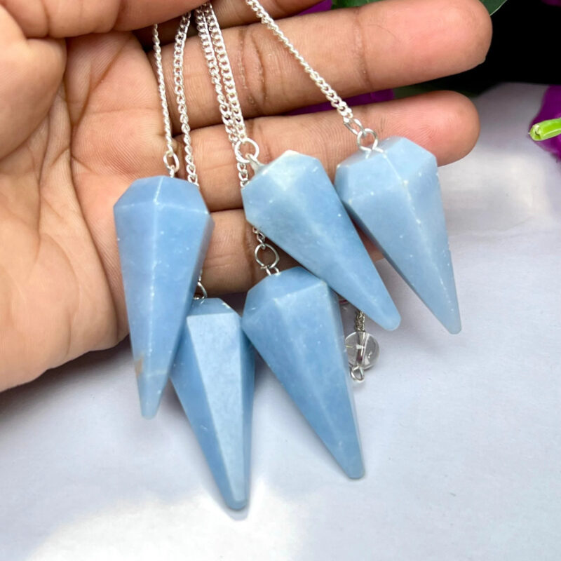 Blue Angelite Faceted Cone Pendulum Gemstone Dowsing Pendulum Chain Attached Reiki Crystal Healing - Image 3