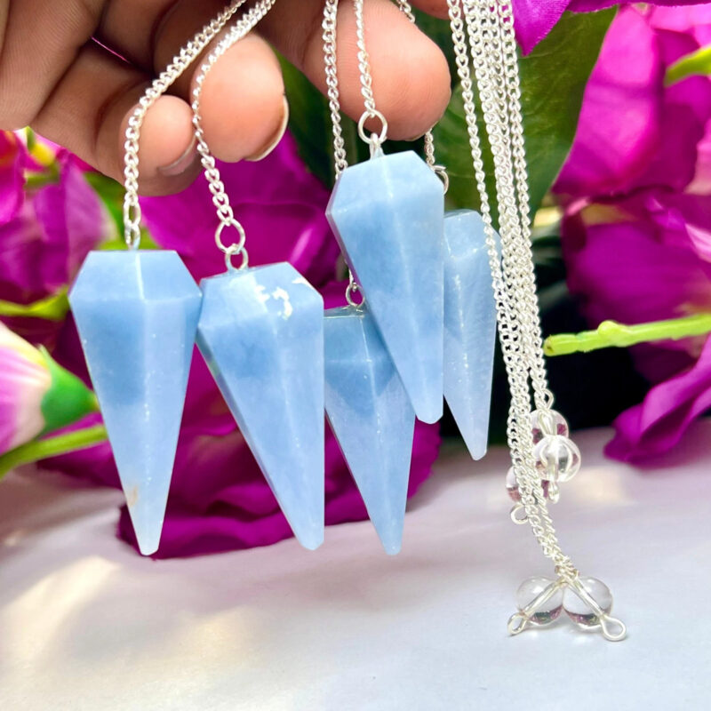 Blue Angelite Faceted Cone Pendulum Gemstone Dowsing Pendulum Chain Attached Reiki Crystal Healing - Image 5