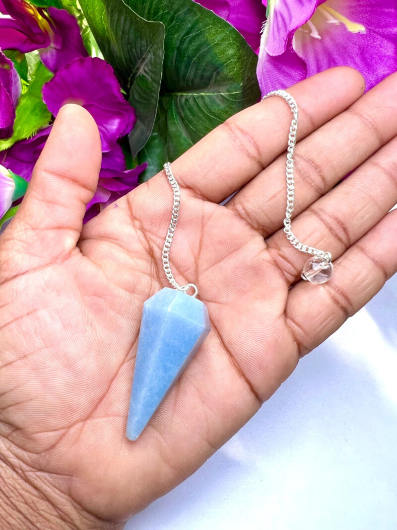 Blue Angelite Faceted Cone Pendulum Gemstone Dowsing Pendulum Chain Attached Reiki Crystal Healing - Image 7