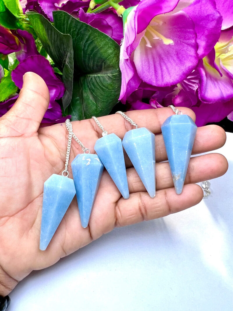 Blue Angelite Faceted Cone Pendulum Gemstone Dowsing Pendulum Chain Attached Reiki Crystal Healing - Image 10