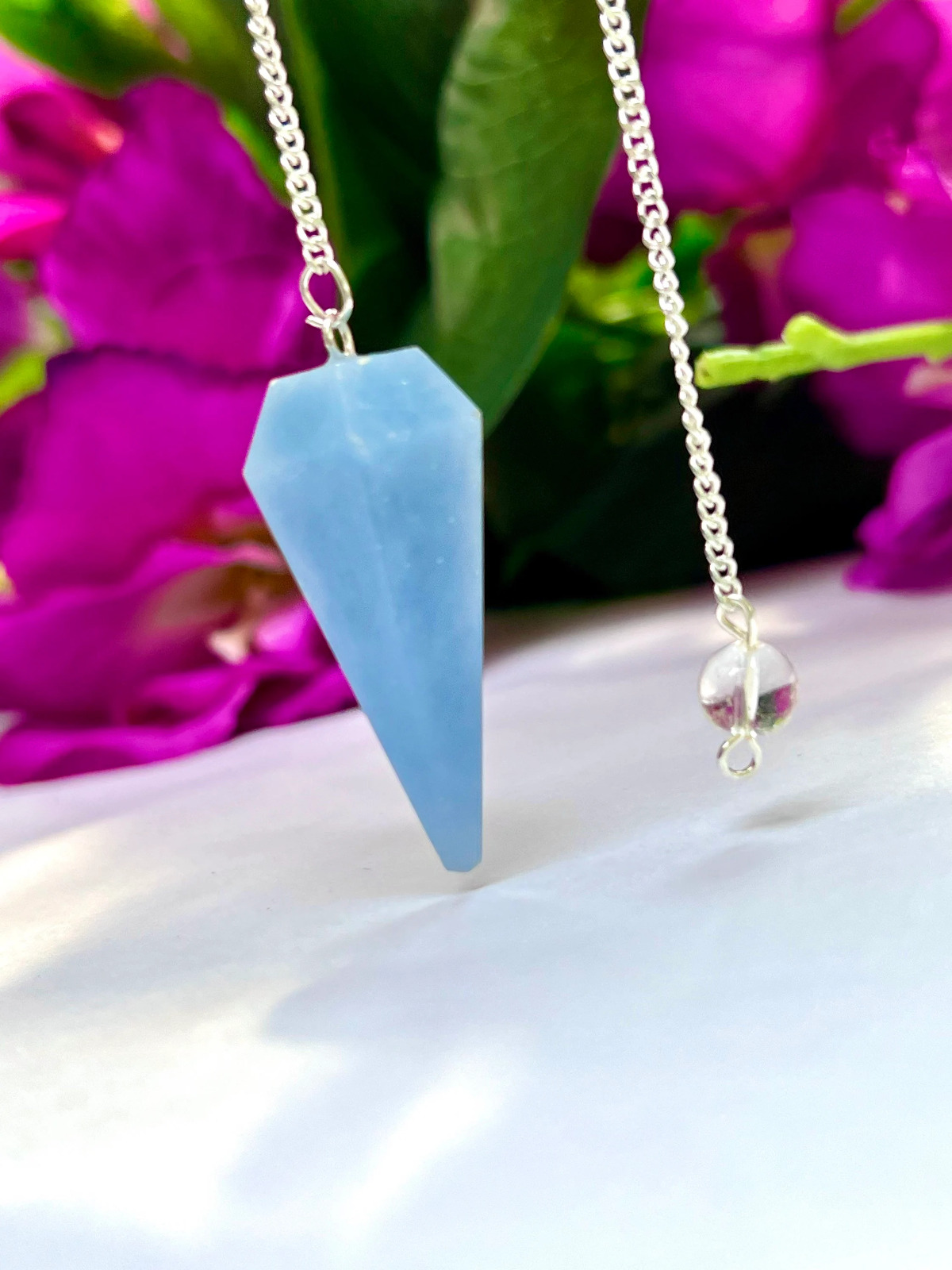 Blue Angelite Faceted Cone Pendulum Gemstone Dowsing Pendulum Chain Attached Reiki Crystal Healing