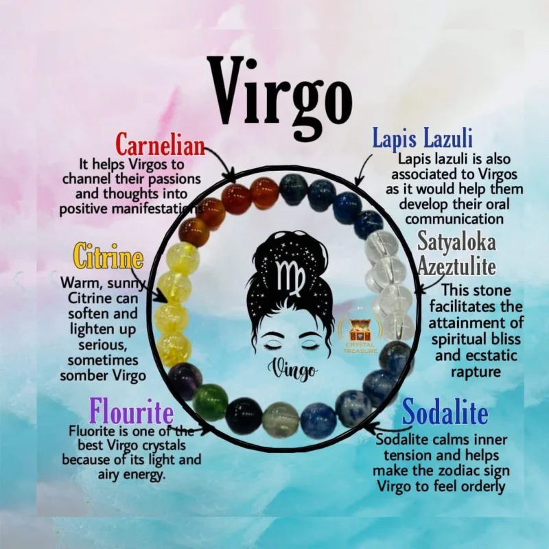 VIRGO Zodiac Sign Crystal Stone Bracelet 8 mm Citrine , Carnelian , Satyaloka  ,Lapis Lazuli ,Sodalite , Fluorite