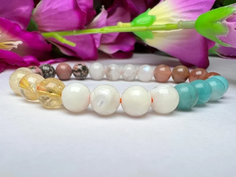 CANCER Zodiac Sign Crystal Stone Bracelet 8 mm Citrine , Rainbow Moonstone , Mother of Pearl ,Amazonite ,Rhodonite ,Agnitite Fire azeztulite - Image 6