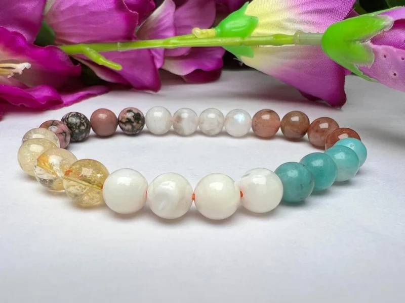 CANCER Zodiac Sign Crystal Stone Bracelet 8 mm Citrine , Rainbow Moonstone , Mother of Pearl ,Amazonite ,Rhodonite ,Agnitite Fire azeztulite - Image 9
