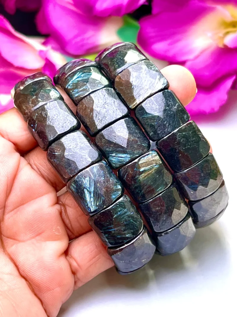 Nuummite Stone Rectangle Beaded Bracelet 20 MM Stretch Bracelet