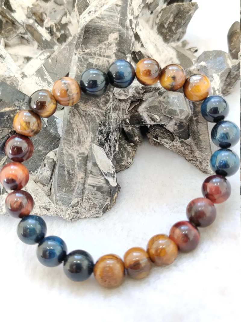 3 Tiger's Eye Red, Blue & Yellow Tiger's Eye Stone Round Beaded Bracelet 8 MM Stretch Bracelet - Image 2