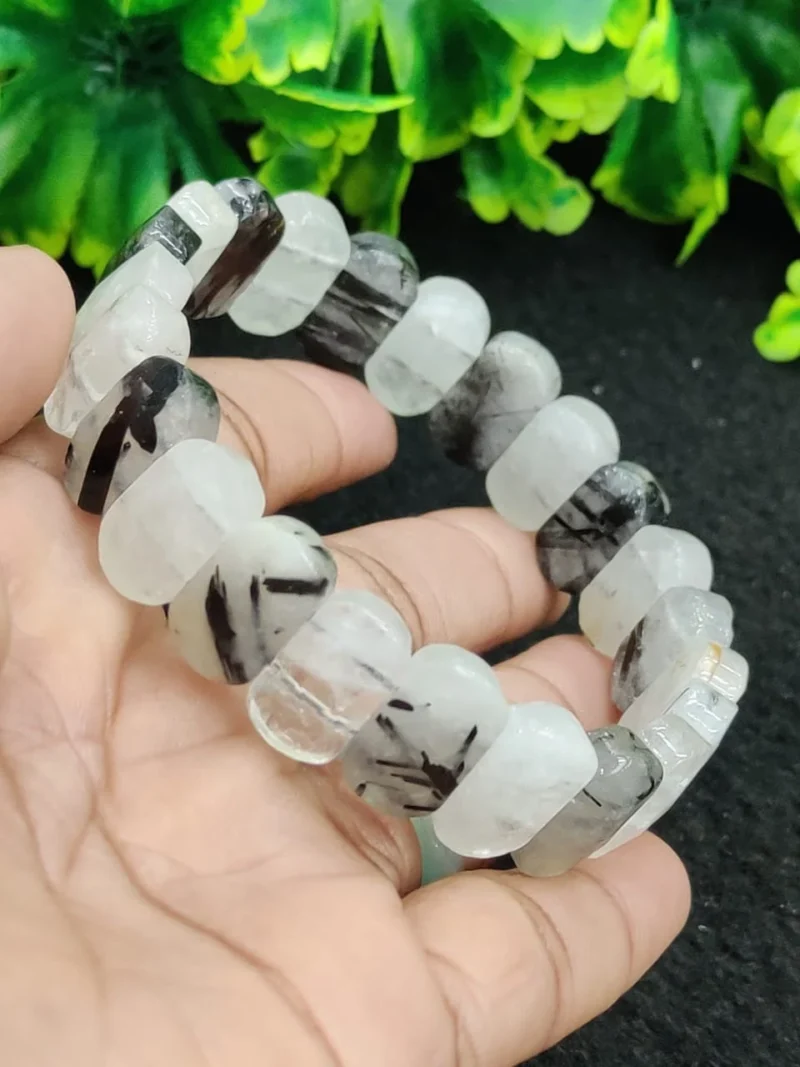 Tourmalinated Quartz Stone Rectangle Beaded Bracelet 15 MM Stretch Bracelet - Image 3