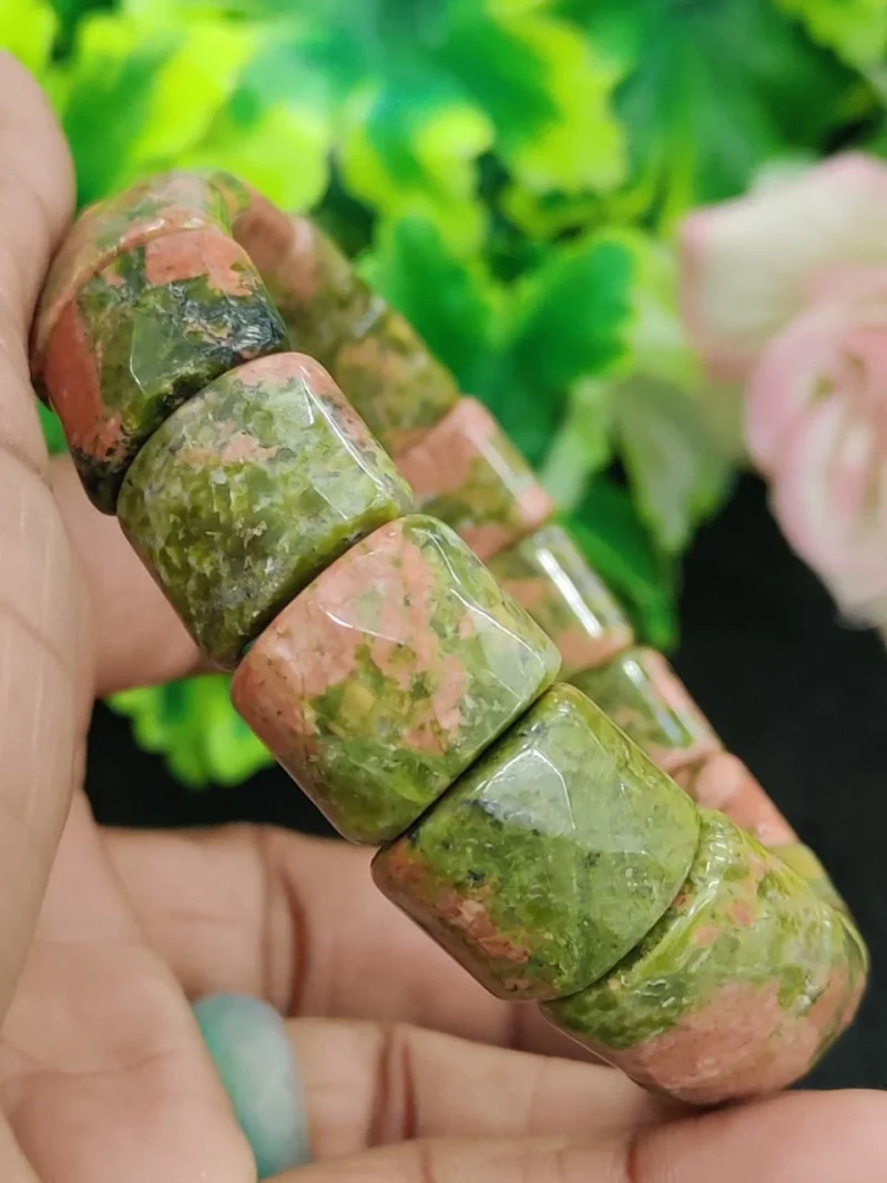 Unakite Jasper Stone Rectangle Beaded Bracelet 15 MM Stretch Bracelet - Image 3