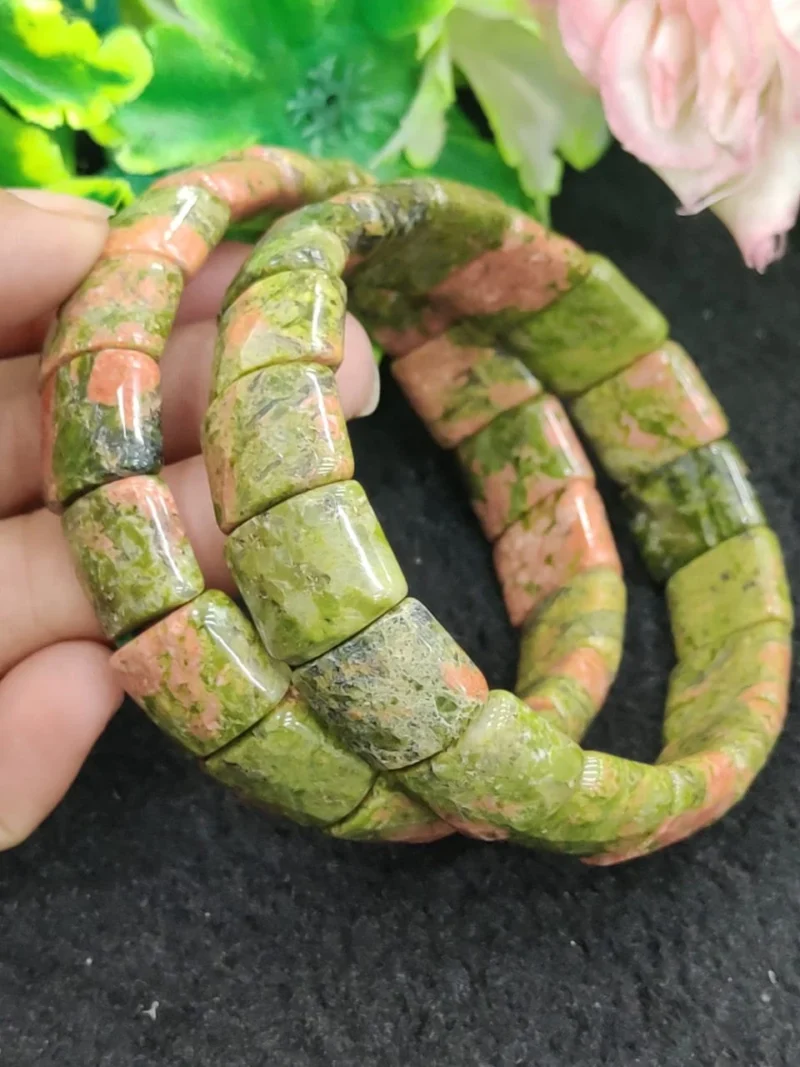 Unakite Jasper Stone Rectangle Beaded Bracelet 15 MM Stretch Bracelet - Image 4