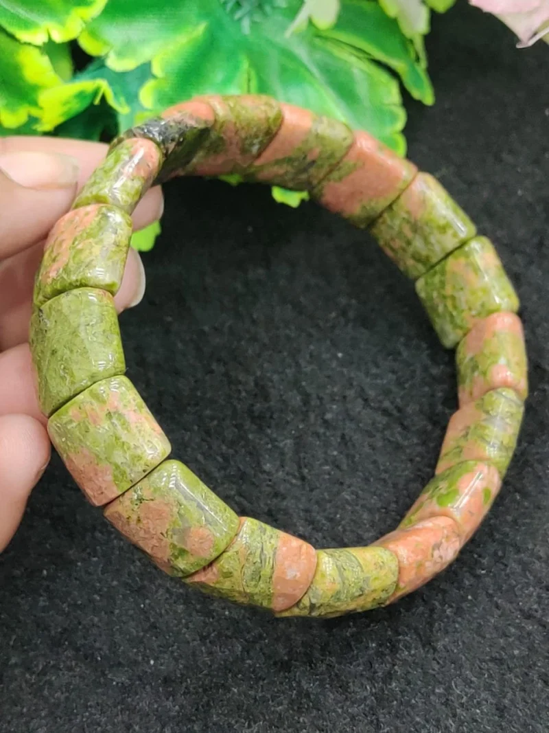 Unakite Jasper Stone Rectangle Beaded Bracelet 15 MM Stretch Bracelet - Image 5