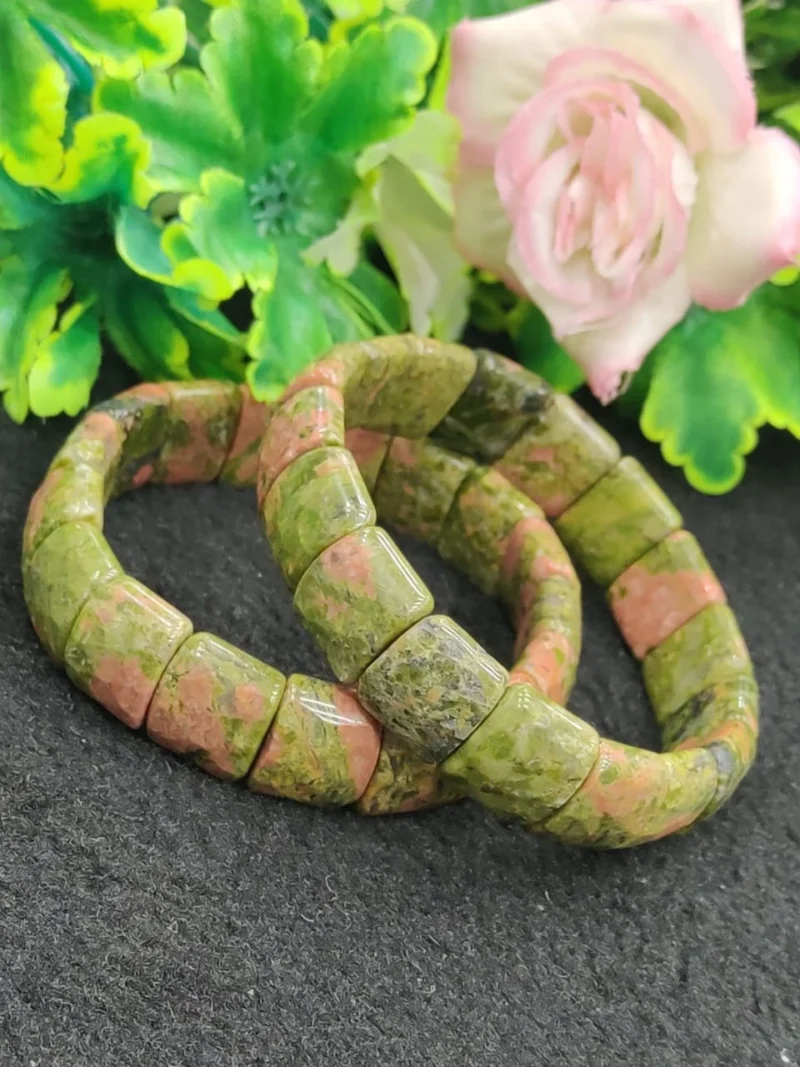 Unakite Jasper Stone Rectangle Beaded Bracelet 15 MM Stretch Bracelet